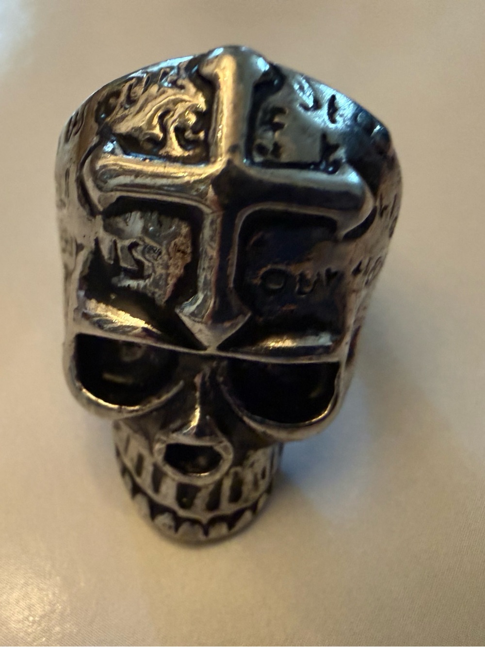 Men's Stainless Steel Gothic Biker Skull Ring with Forehead Cross & Script